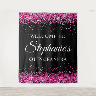 Warme Roze Glitter Zwarte Quinceañera Welkom Wandkleed