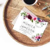 Warme Roze & Marineblauwe Bloemige Trouw Uitnodigi Kaart