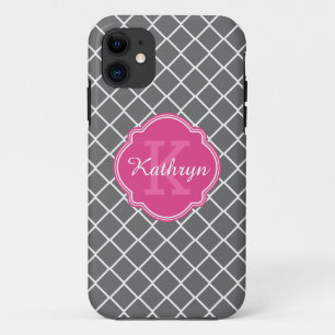 Warme roze monogram grijs diamantpatroon iPhone 11 hoesje