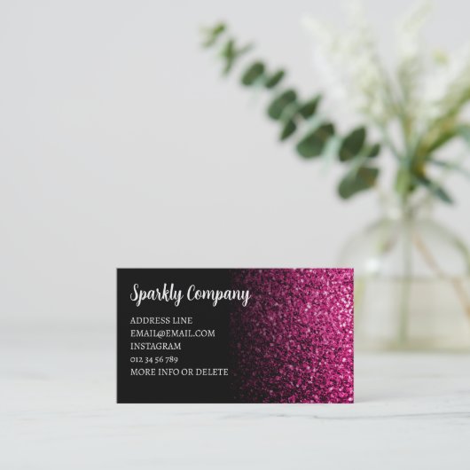 Warme roze nepschittering glanzende zwarte QR-code Visitekaartje (Staand voorkant)