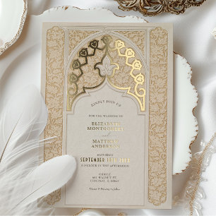 Warme Taupe & Crème Kant Art Nouveau Trouwkaart Folie Uitnodiging