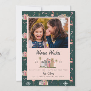 Warme Wensen Midcentury Roze Huis Kerst Foto Feestdagenkaart