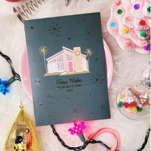 Warme Wensen Midcentury Roze Huis Kerstmis Folie Uitnodiging