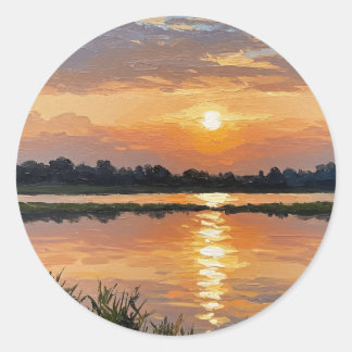 Warmes geel zonsondergang bij het meer ronde sticker