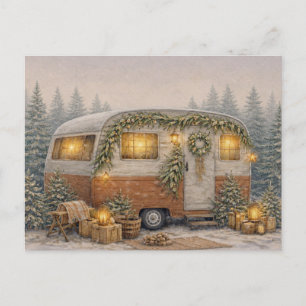 Warmes neutraal aquarel rustieke kerst camper feestdagenkaart