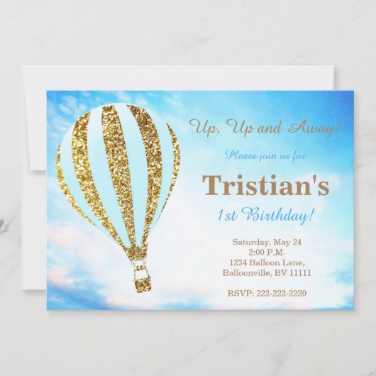 Warmluchtballon uitnodiging in blauw en goud (Voorkant)