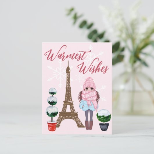 Warmste wensen met kerst in Parijs Eiffeltoren Roz Briefkaart (Staand voorkant)