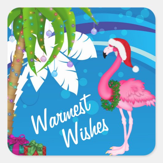 Warmste Wensen Palmbomen Flamingo Beach Kerst Vierkante Sticker (Voorkant)