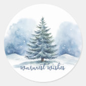 Warmste Wensen Sneeuw Bedekt Evergreen Tree Ronde Sticker (Voorkant)