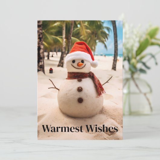 Warmste Wensen Sneeuwman het strand Feestdagenkaart (Staand voorkant)