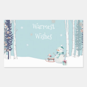 Warmste wensen Sneeuwman met slee Sneeuwend Blauwg Rechthoekige Sticker