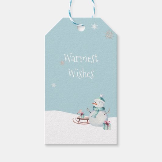 Warmste wensen Sneeuwman slee geschenken Cadeaulabel (Voorkant)