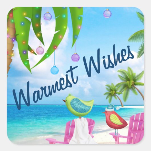 Warmste Wensen Vogels en Kerstmis Palm Tree Beach Vierkante Sticker (Voorkant)