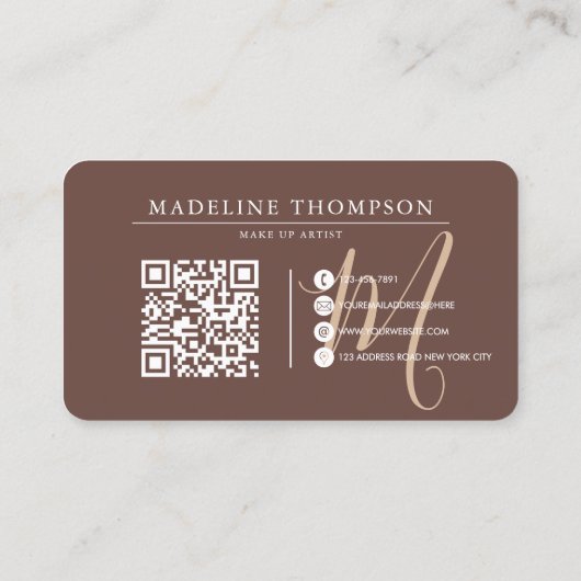 Warmte Beige Monogrammed Script QR-code Visitekaartje (Achterkant)