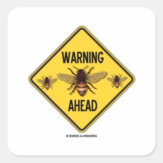 Warning Bees Ahead Three Bees Yellow Diamond Sign Vierkante Sticker (Voorkant)