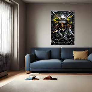 Warrior in zwarte harnas   AI Art Poster
