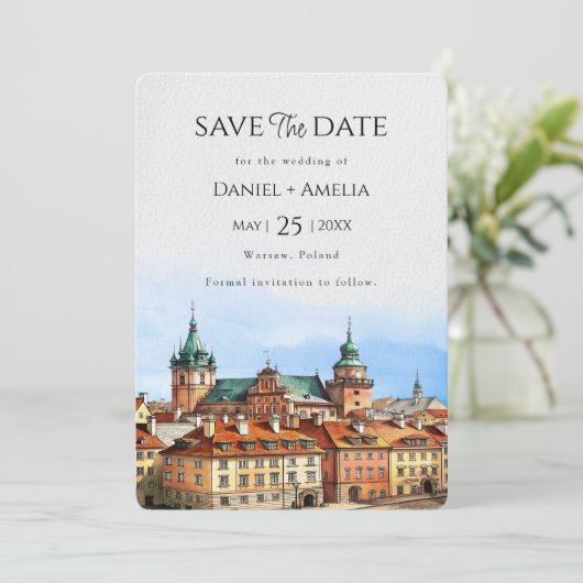 Warschau Polen bestemming bruiloft Save The Date (Staand voorkant)