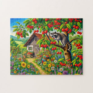 Wasbeer die kersen eet in oude kersenboom legpuzzel