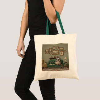 Wasbeer die koffie drinkt op de bank tote bag