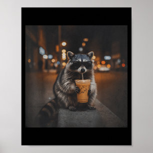 Wasbeer drinkt ijskoude koffie grappige dieren mem poster