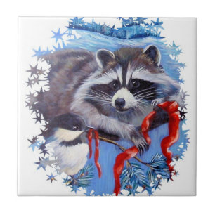Wasbeer en Chickadee Winter keramische tegel Tegeltje