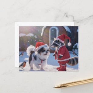 Wasbeer en een hond Feestelijke Kerstmis Briefkaart