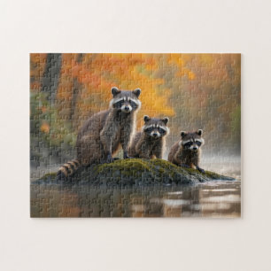 Wasbeer familie in de herfst legpuzzel