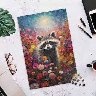 Wasbeer in veld met wilde bloemen legpuzzel