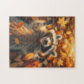 Wasbeer spelen in de herfst bladeren legpuzzel (Horizontaal)