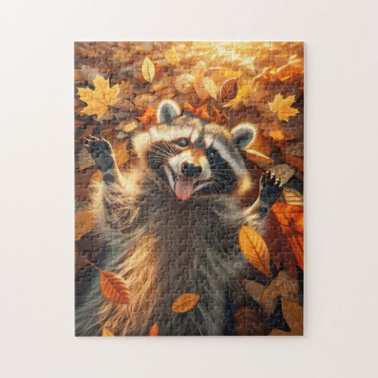 Wasbeer spelen in de herfst bladeren legpuzzel (Verticaal)