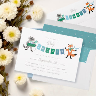 Wasbeer Vos Bos Vrienden Blauwe Baby Shower Kaart