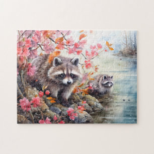 Wasberen bij herfstvijver scène legpuzzel