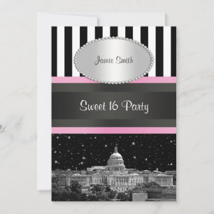 Wash DC Skyline Bk Wht Strp Pink Sweet 16 Party Kaart