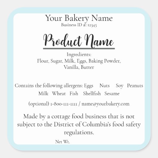 Washington DC Cottage Food Business Baking Label (Voorkant)