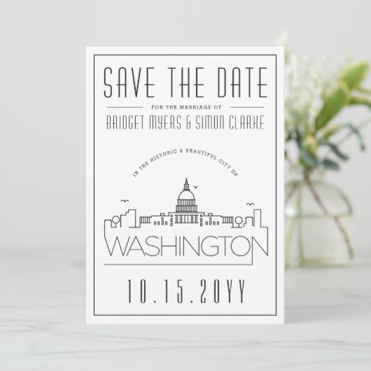 Washington DC | Gestileerde skyline De datum opsla Kaart (Staand voorkant)