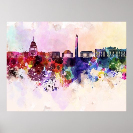 Washington DC skyline op waterverf achtergrond Poster (Voorkant)