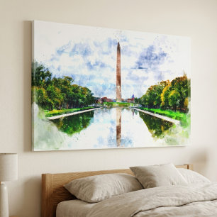 Washington Monument Aquarel met Weerspiegeling Canvas Afdruk