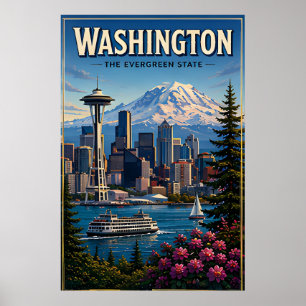 Washington Seattle Silhouet Berg Waterfront Poster