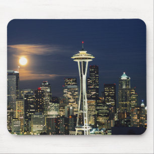 Washington, Seattle, Silhouet bij nacht vanaf Kerr Muismat