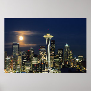 Washington, Seattle, Silhouet bij nacht vanaf Kerr Poster