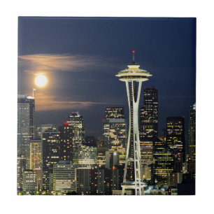 Washington, Seattle, Silhouet bij nacht vanaf Kerr Tegeltje