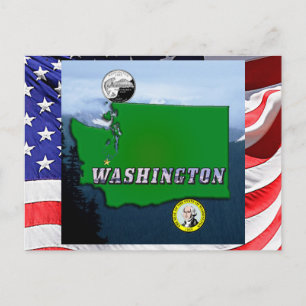 Washington State Map Faux Quarter, Seal, Mountains Briefkaart