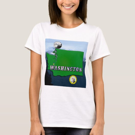 Washington State Map Faux Quarter, Seal, Mountains T-shirt (Voorkant)