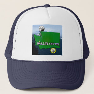 Washington State Map Faux Quarter, Seal, Mountains Trucker Pet