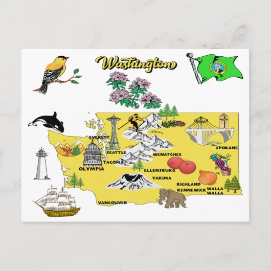 Washington State Map met toeristische bestemmingen Briefkaart (Voorkant)