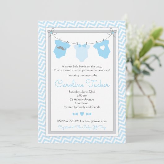 Waskijntje baby shower uitnodiging blauw en grijs (Staand voorkant)