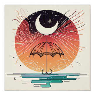 Wassende Maan Boven Paraplu met Sterrenregen Perfect Poster