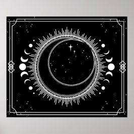 Wassende Maan en Zon met Sterren Zwart en Wit Poster