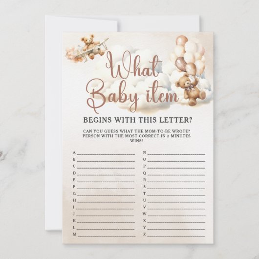 WAT BABY ITEM ALPHABET Baby shower Spel Schattige Kaart (Voorkant)