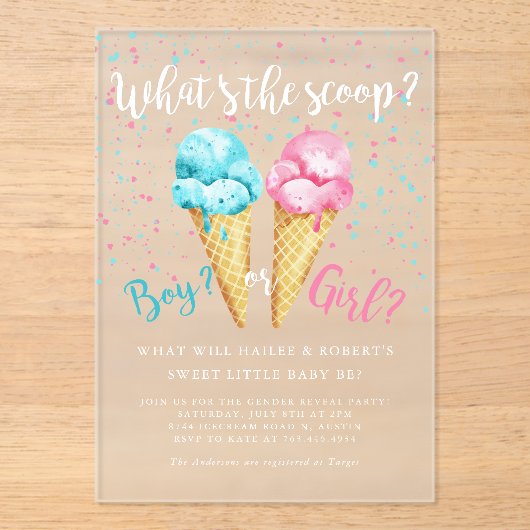Wat de Scoop Ice Cream Gender Reveal Party Acryl Uitnodigingen (Voorkant)